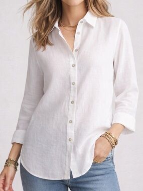 Chico’s 100% Linen Button Front Shirt White Short Sleeve Women’s 2.5 Large